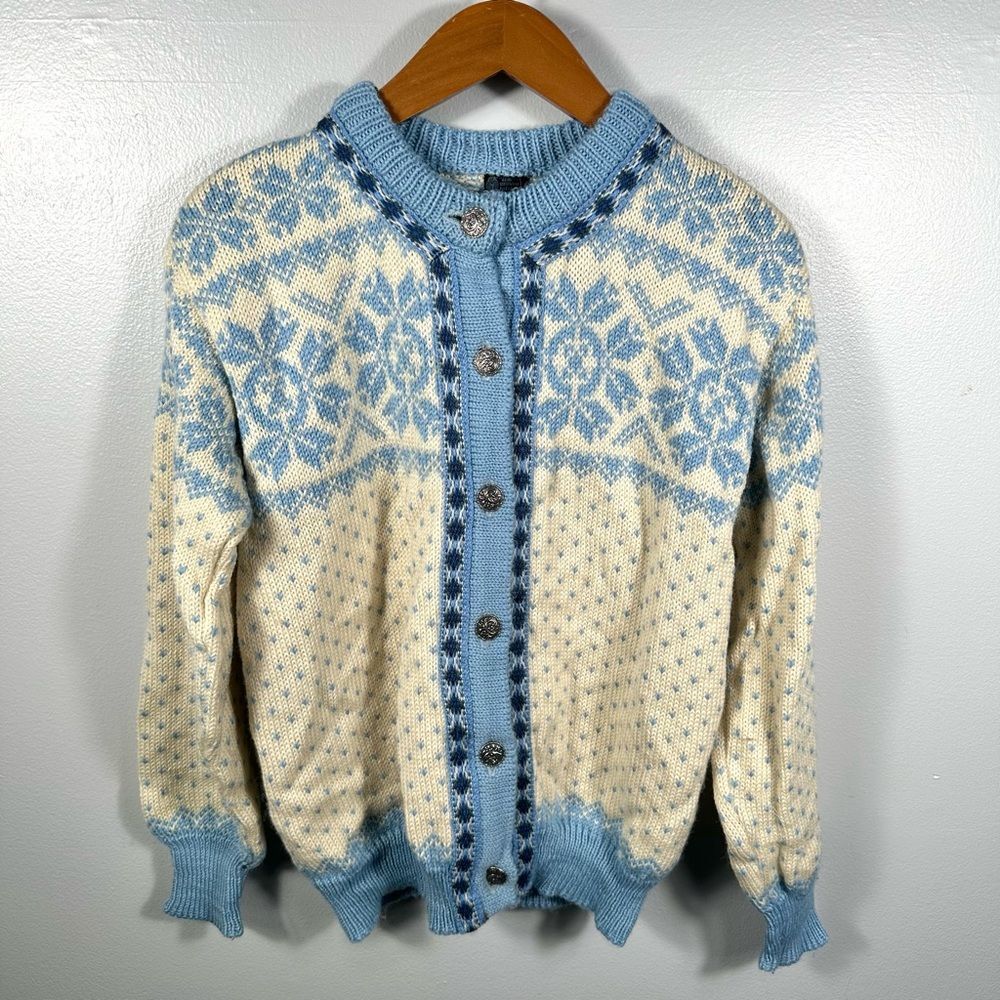Dale of Norway Vintage Pure New Wool Blue And Cream Knit Nordic Sweater Cardigan